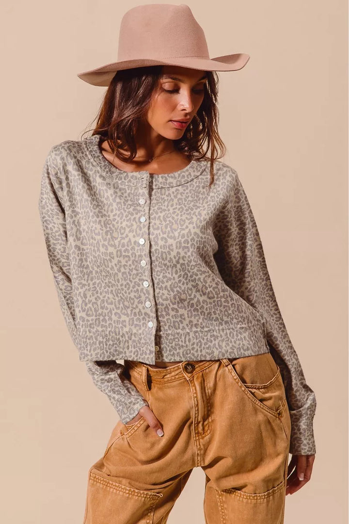 Vintage Oatmeal So Me Two Tone Leopard Vintage Print Button Up Cardigan