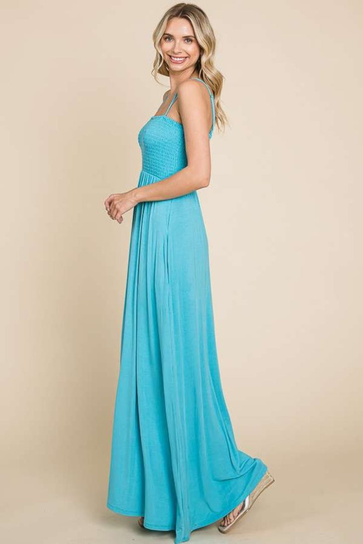 Pastel Teal Culture Code Full Size Smocked Cami Maxi Dress With Pockets