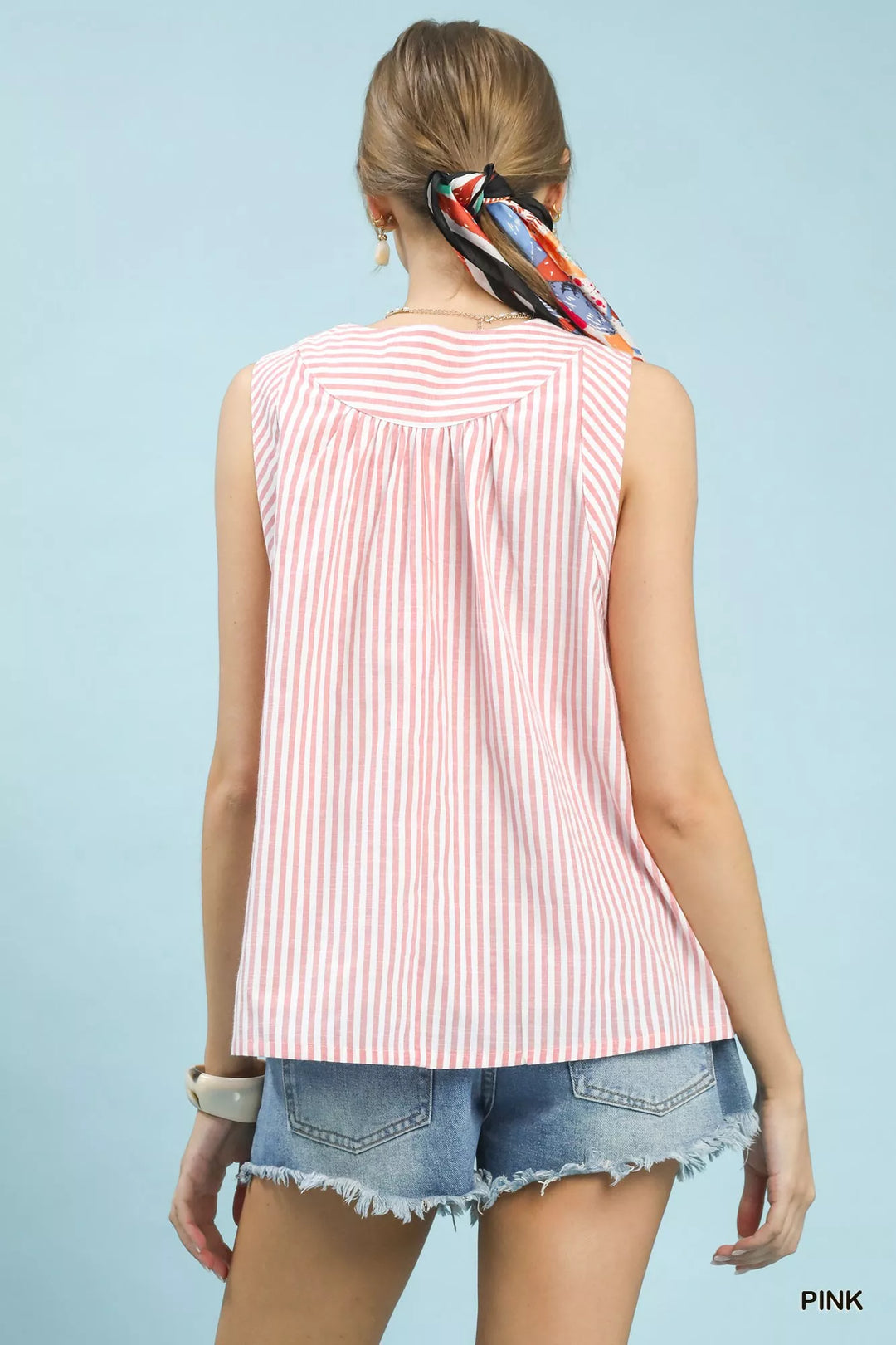 Pink Umgee Mixed Stripe Sleeveless V Neck Top 1