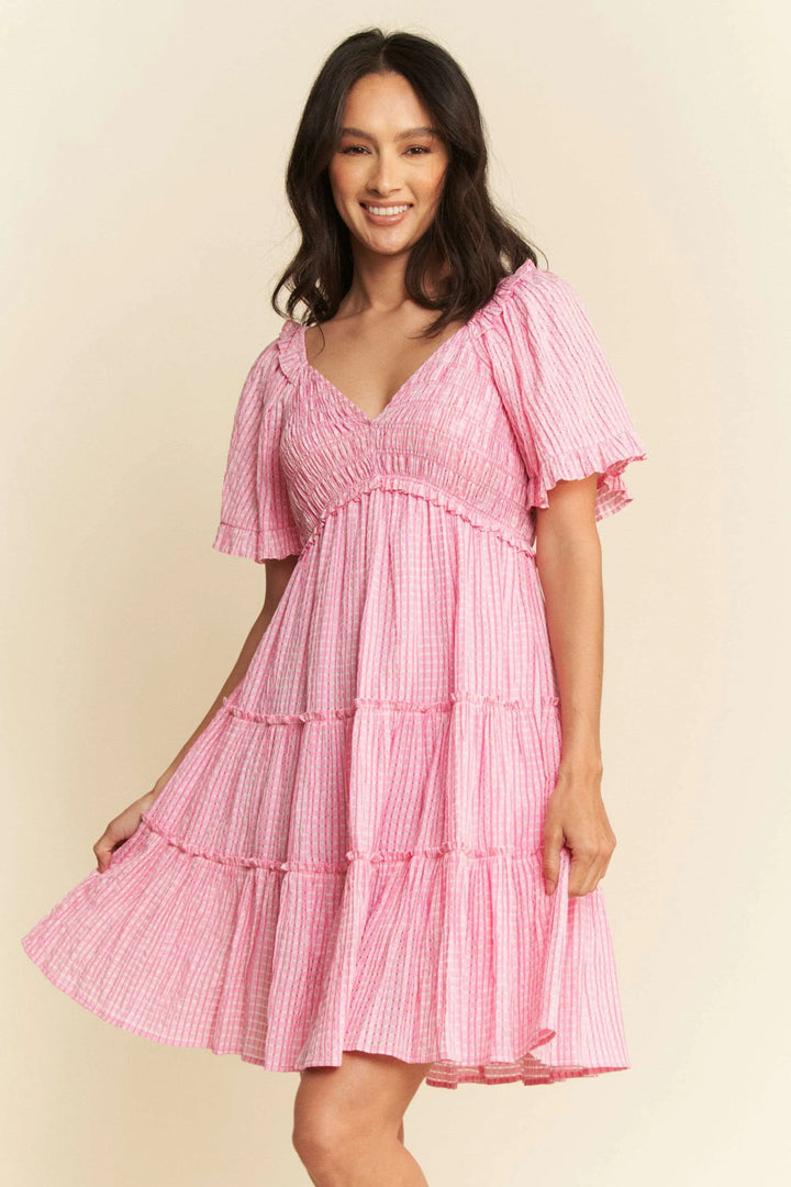 Barbie Pink Davi Dani Jacquard Checker Smocking Tiered Dress