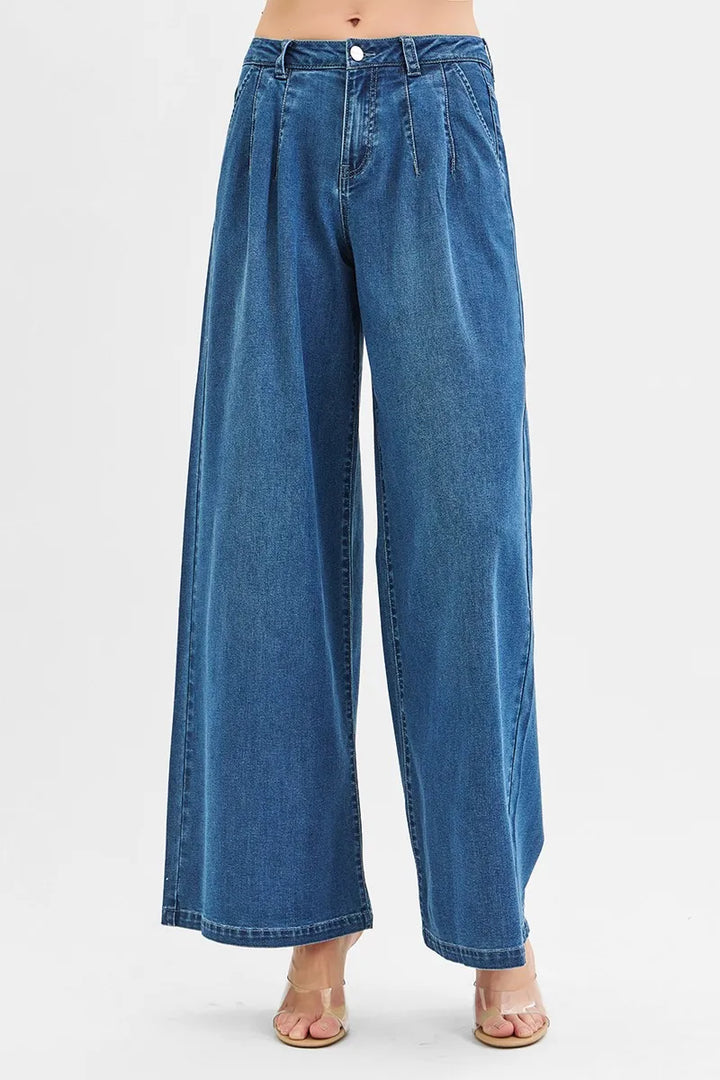 Medium Risen Mid Rise Fit Wide Leg Knit Denim Look Jeans