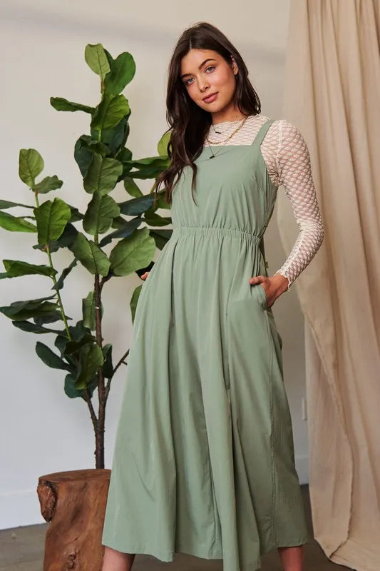 Olive Sage Davi Dani Creased Wide Legs Elastic Waist Jumpsuit