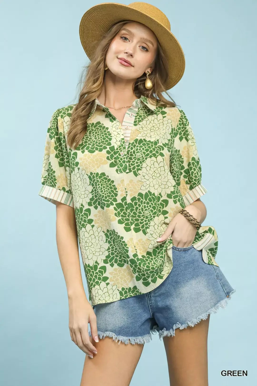 Green Floral Collared Short Sleeve Blouse