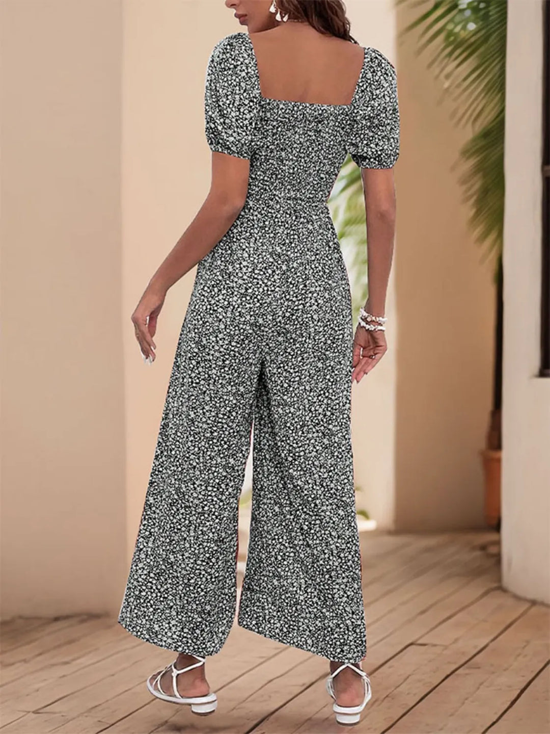 Royal Blue Printed Square Neck Puff Sleeve Jumpsuit 1