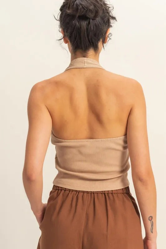 Dark Taupe Hyfve Halter Neck Buttoned Washed Top