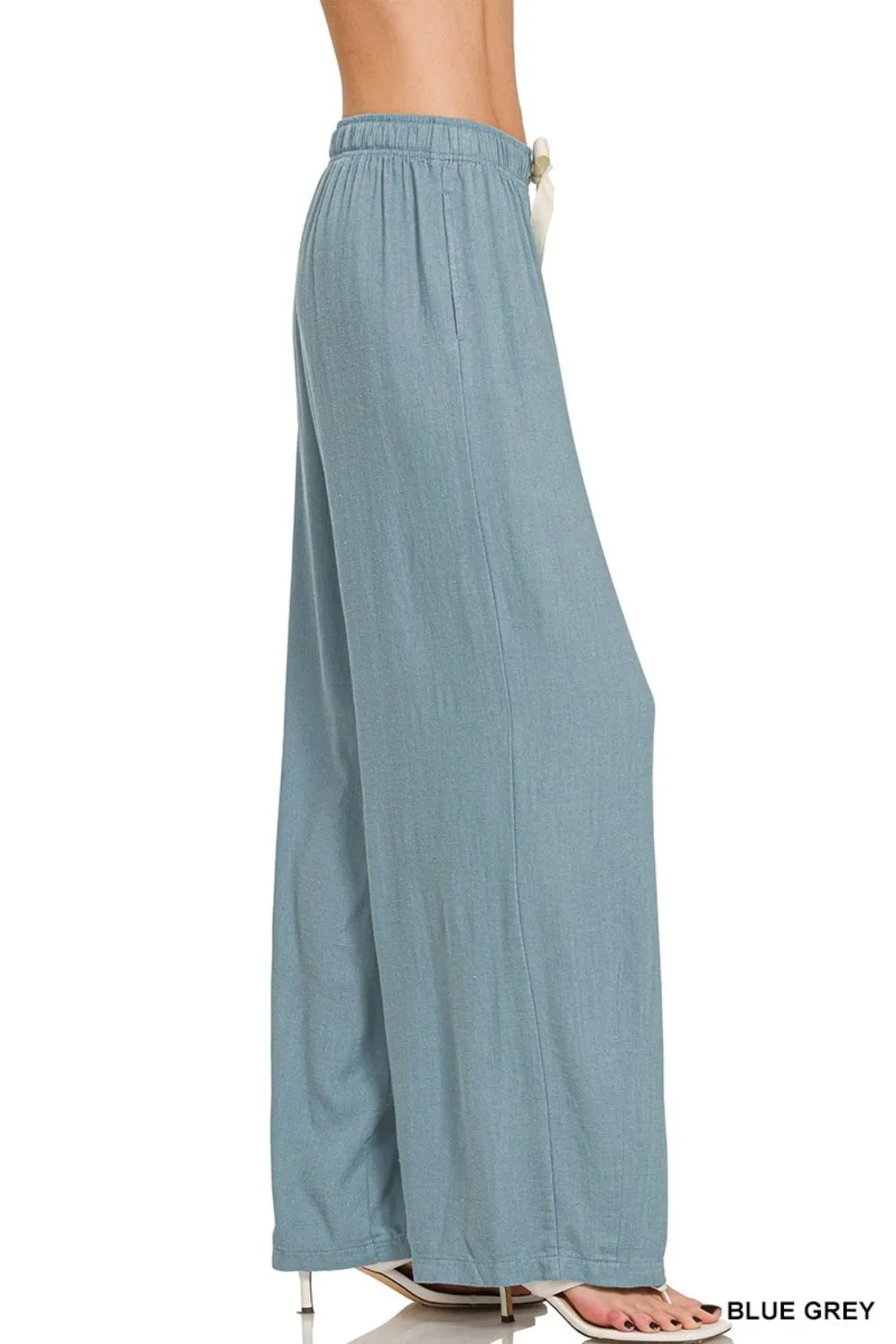 Blue Grey Zenana Linen Drawstring Pants