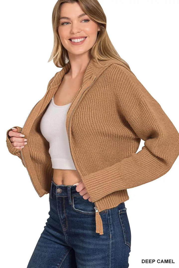 Deep Camel Zenana Ribbed Collared Zip Up Sweater Cardigan 2