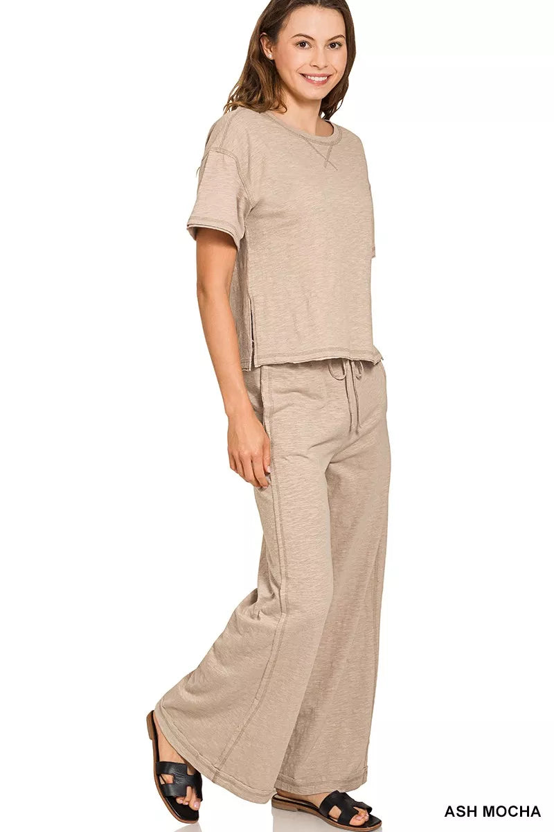 Ash Mocha Zenana Cotton Slub Short Sleeve Tee And Pants Set