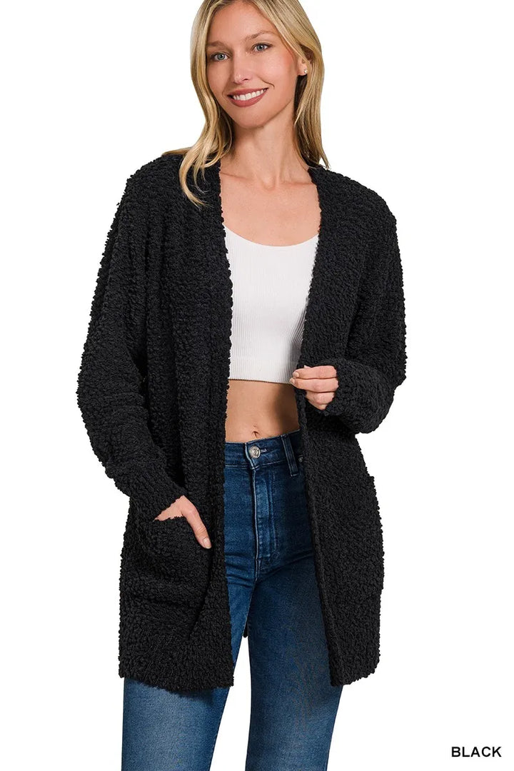 Black Zenana Long Sleeve Popcorn Sweater Cardigan With Pockets 4