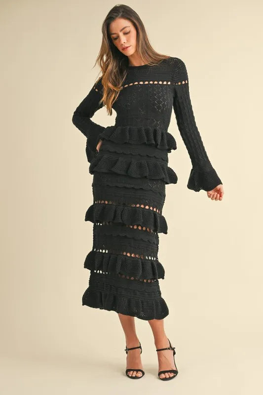 Black Mable Long Sleeve Tiered Ruffle Knit Midi Dress