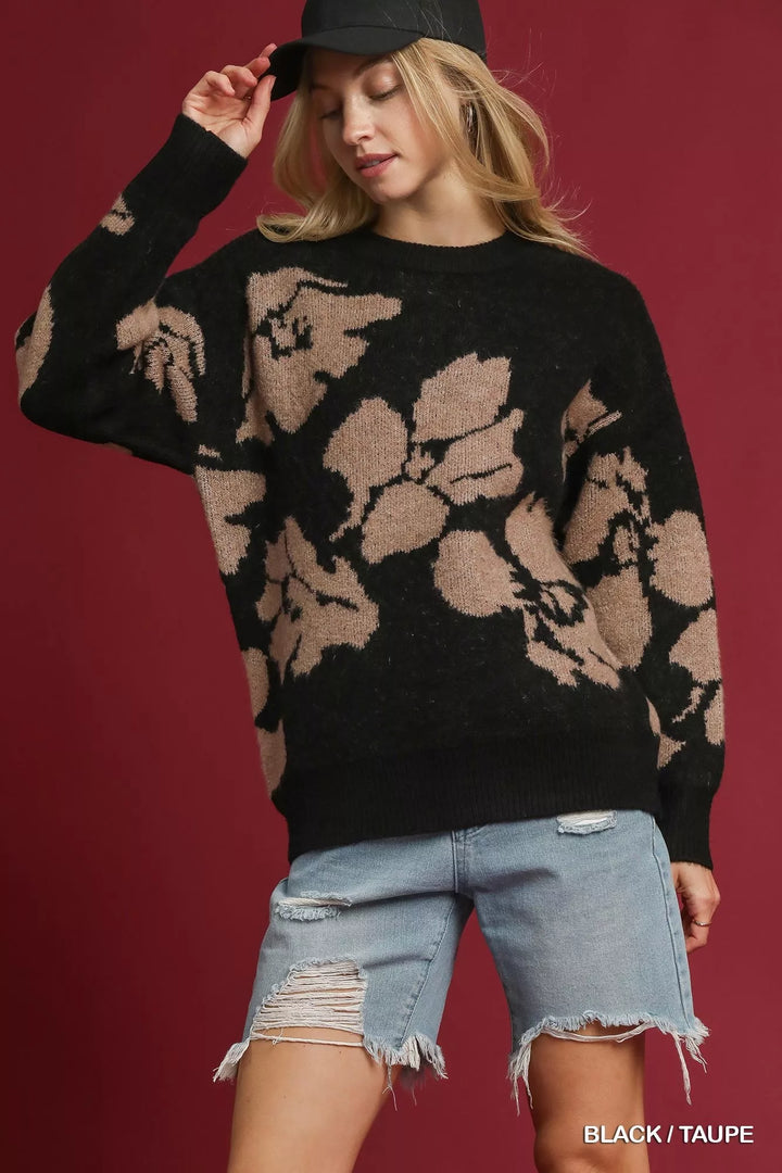 Black / Taupe Umgee Floral Long Sleeve Sweater
