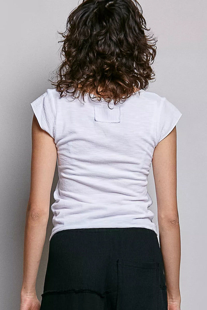 Pol V Neck Lightweight Textured Short Sleeve Knit Top With Lace Trim 3