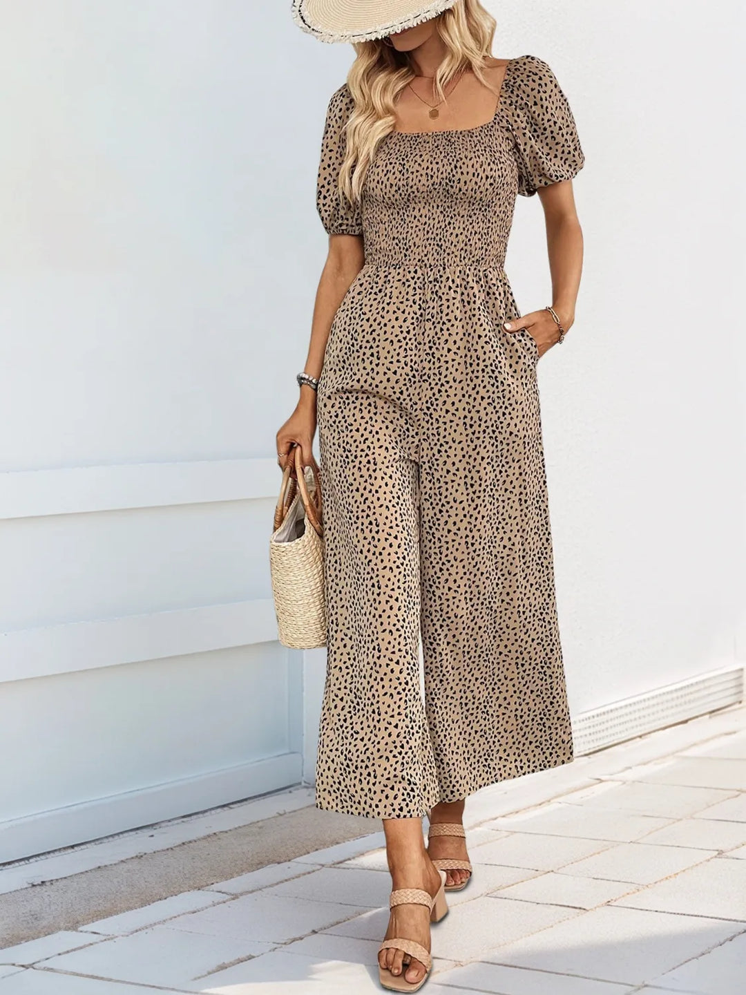 Camel Printed Square Neck Puff Sleeve Jumpsuit