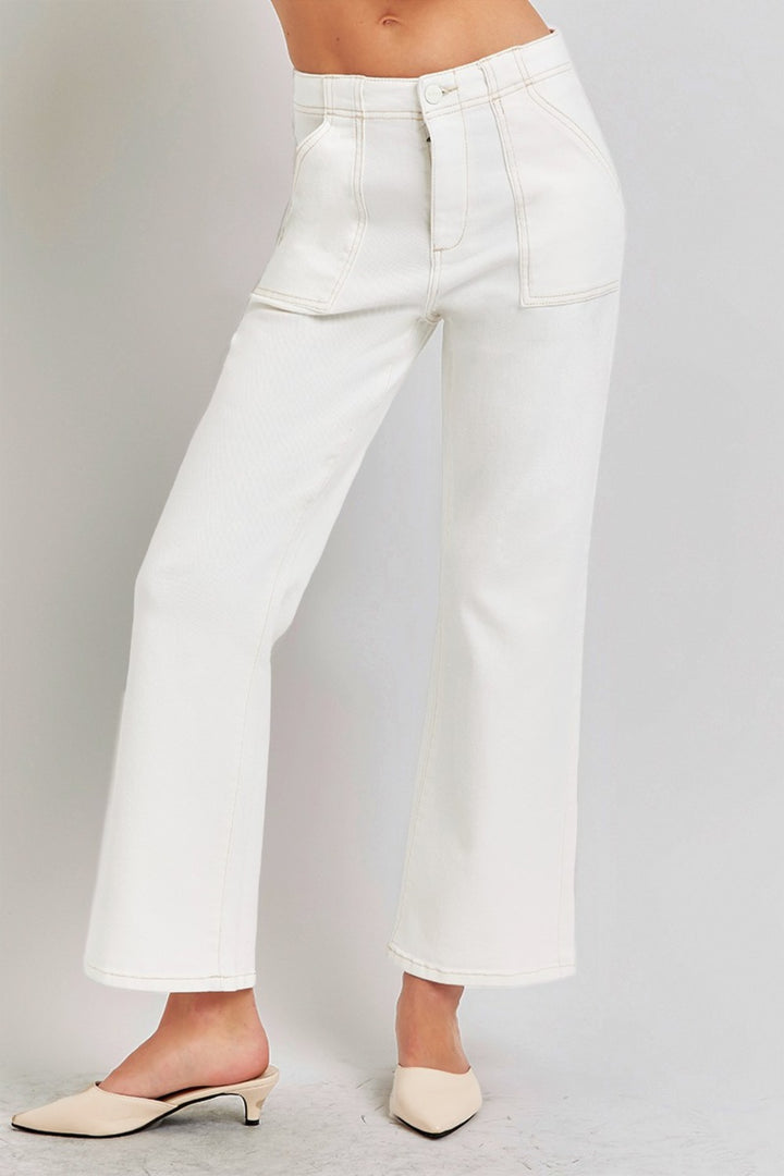 Cream Risen High Rise Ankle Flare Jeans With Patch Pockets