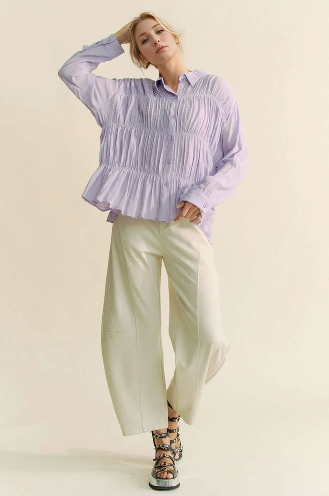 Davi Dani Ruched All Over Button Front Shirt 1