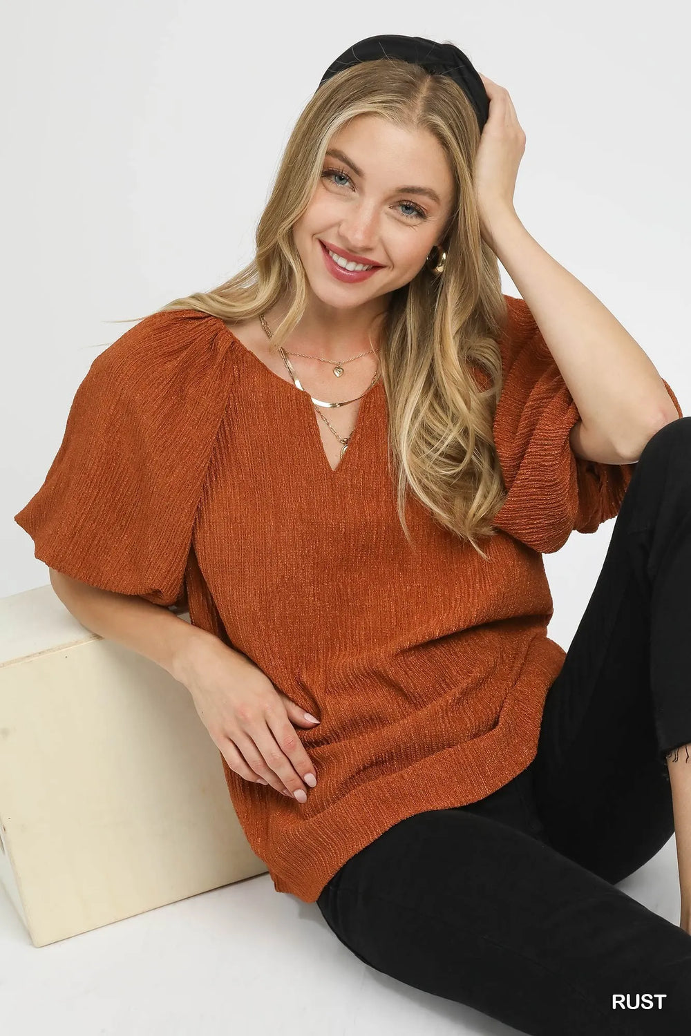Rust Umgee Textured Flutter Sleeve Notch Neck Top