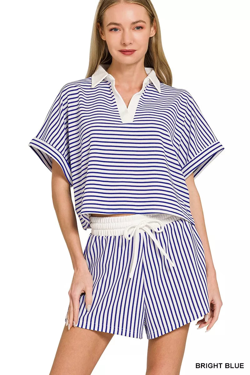 Bright Blue Zenana Striped Collared Top Shorts Set 3