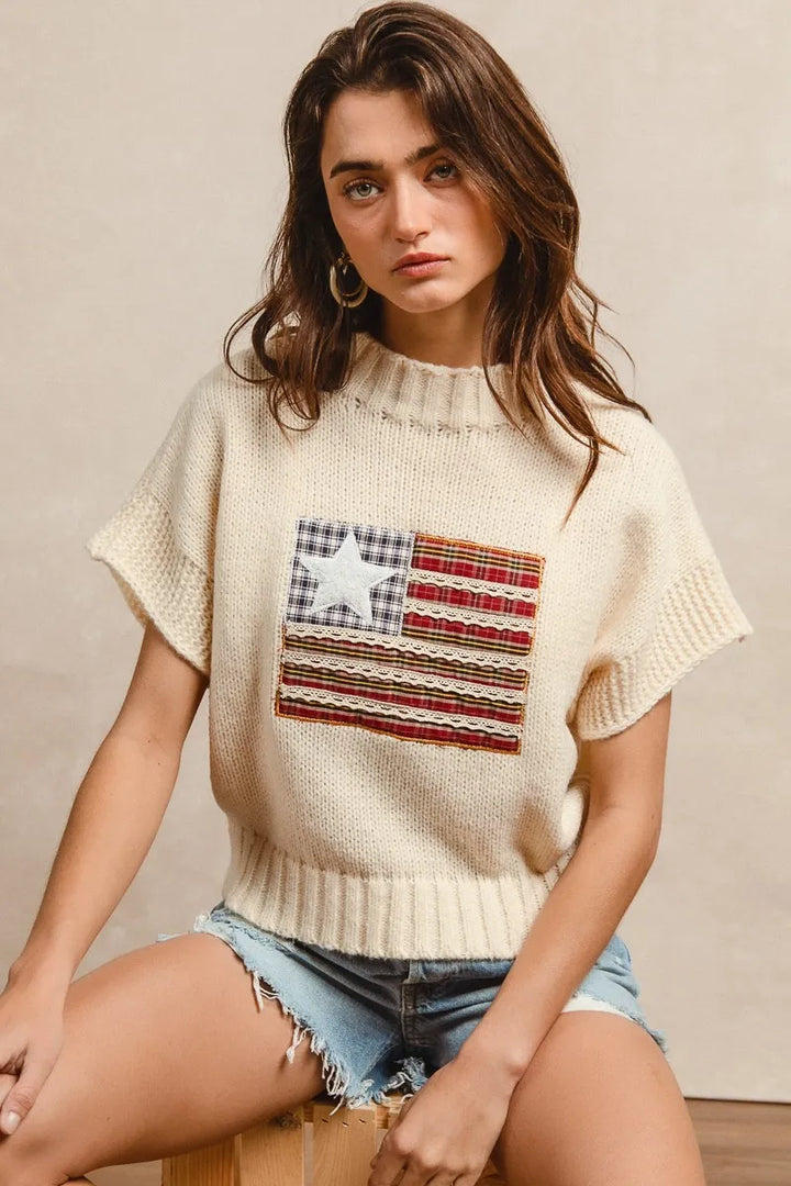 Oatmeal Bibi American Flag Patchwork Drop Shoulder Sweater