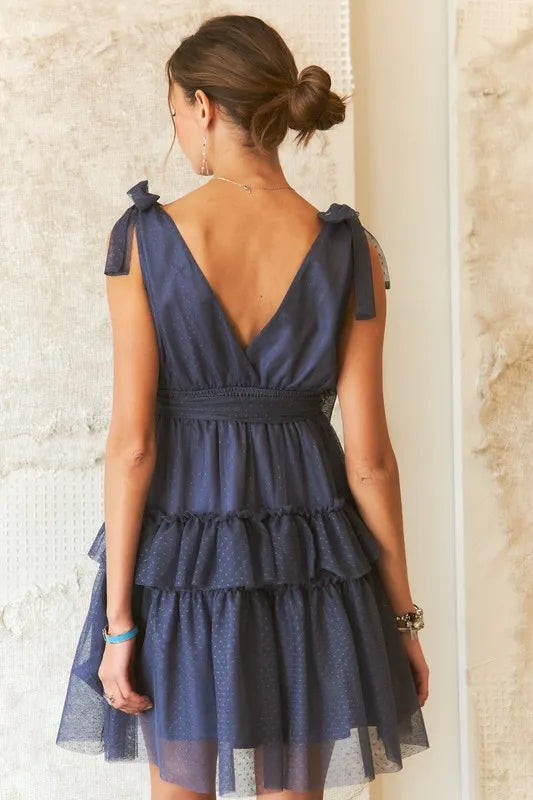 Adora Tie Shoulder Polka Dot Mesh Dress