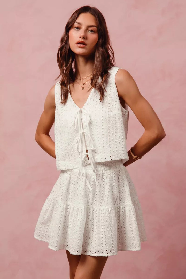 So Me Floral Eyelet Lace Tie Front Vest Top And Tiered Mini Skirt Set