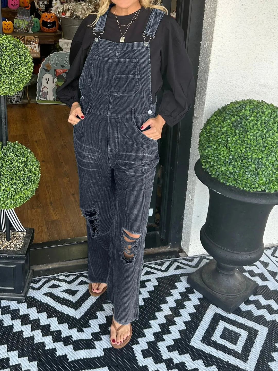 Brick Red Distressed Wide Leg Corduroy Overalls