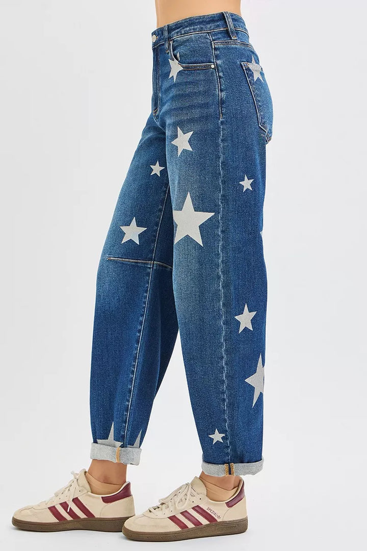 Dark Risen Mid Rise Ankle Length Relaxed Barrel Star Printed Jeans
