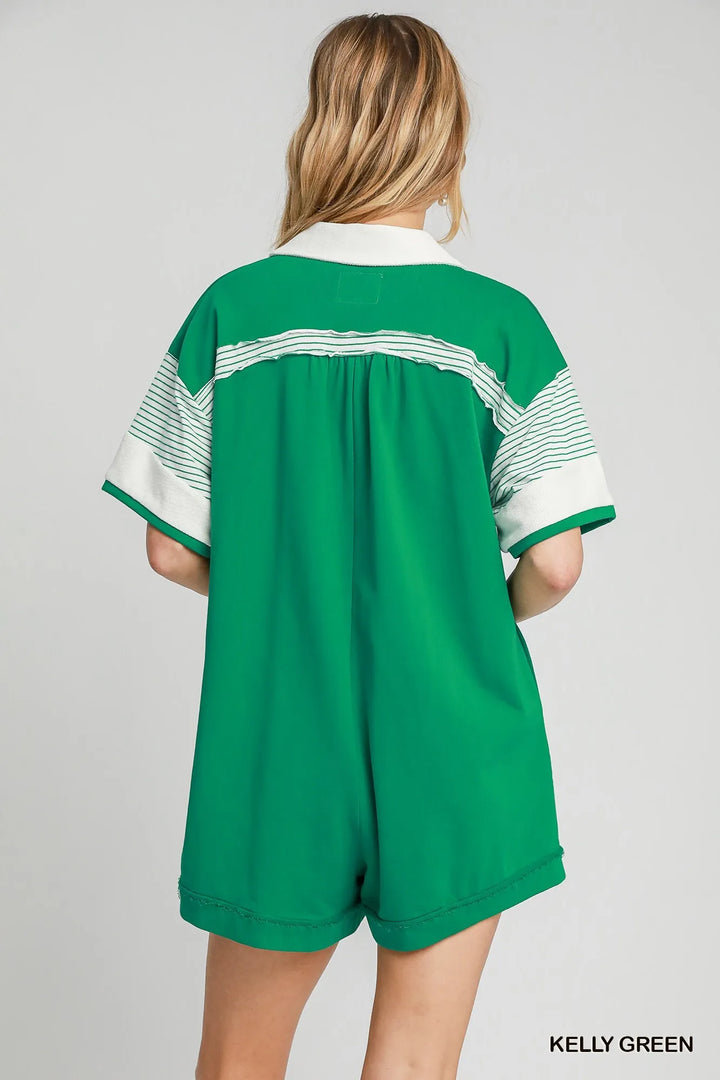 Kelly Green Umgee French Terry Collared Colorblock Romper 1