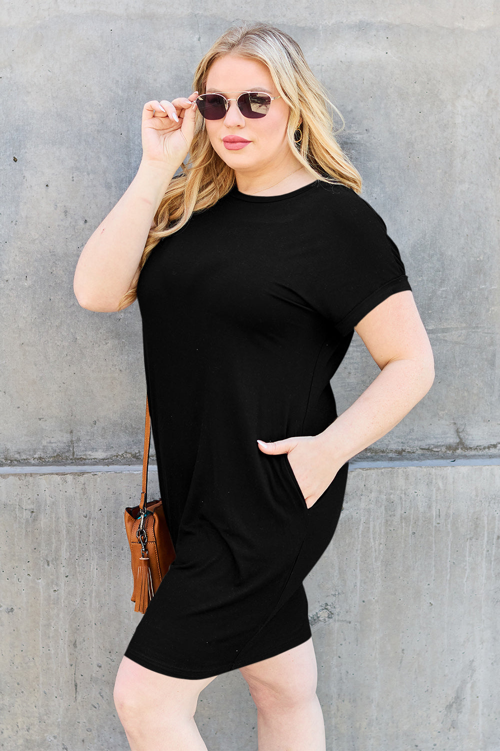 Black Basic Bae Bamboo Full Size Round Neck Short Sleeve Dress With Pockets