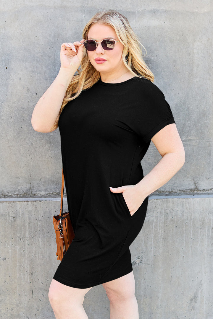 Black Basic Bae Bamboo Full Size Round Neck Short Sleeve Dress With Pockets