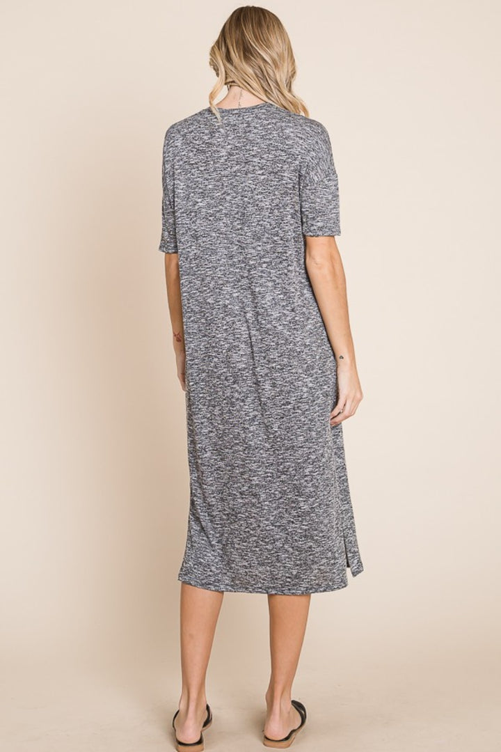 Grey Bombom Slit Round Neck Half Sleeve Midi Dress