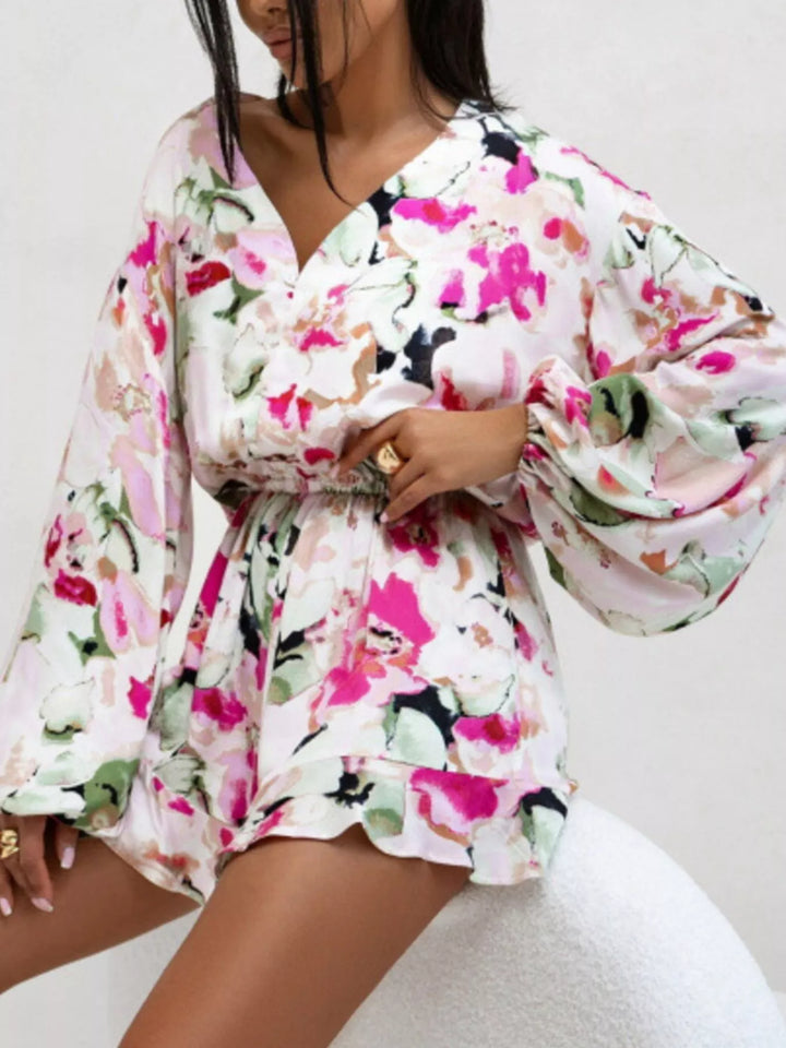 Blue Floral V Neck Long Sleeve Romper With Elastic Waist
