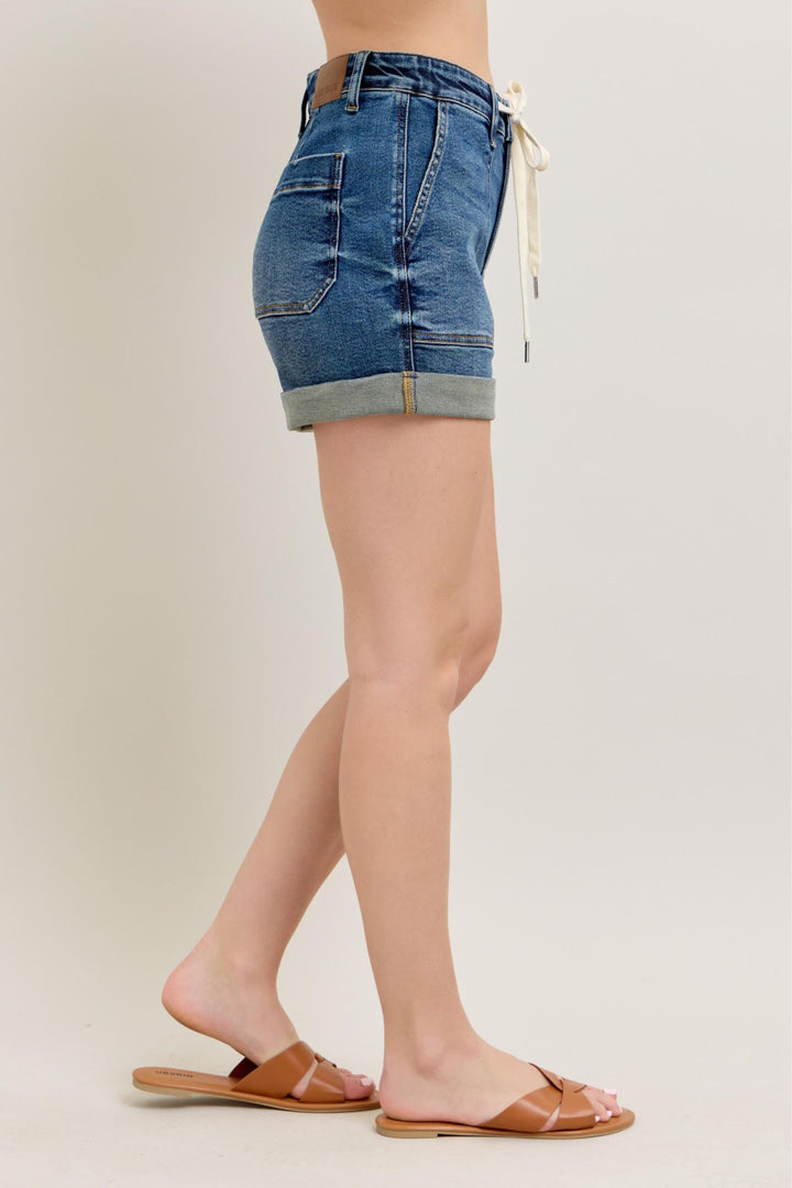 Dark Judy Blue Full Size High Rise Cuff Denim Shorts Plus Size