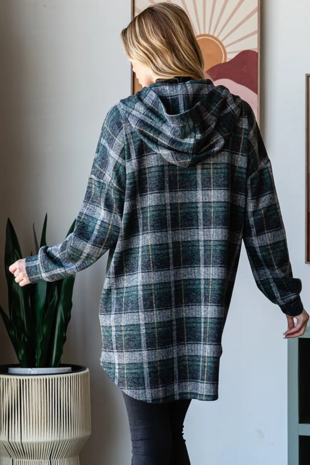 Hunter Green Multi Heimish Plaid Button Down Long Sleeve Hooded Cardigan