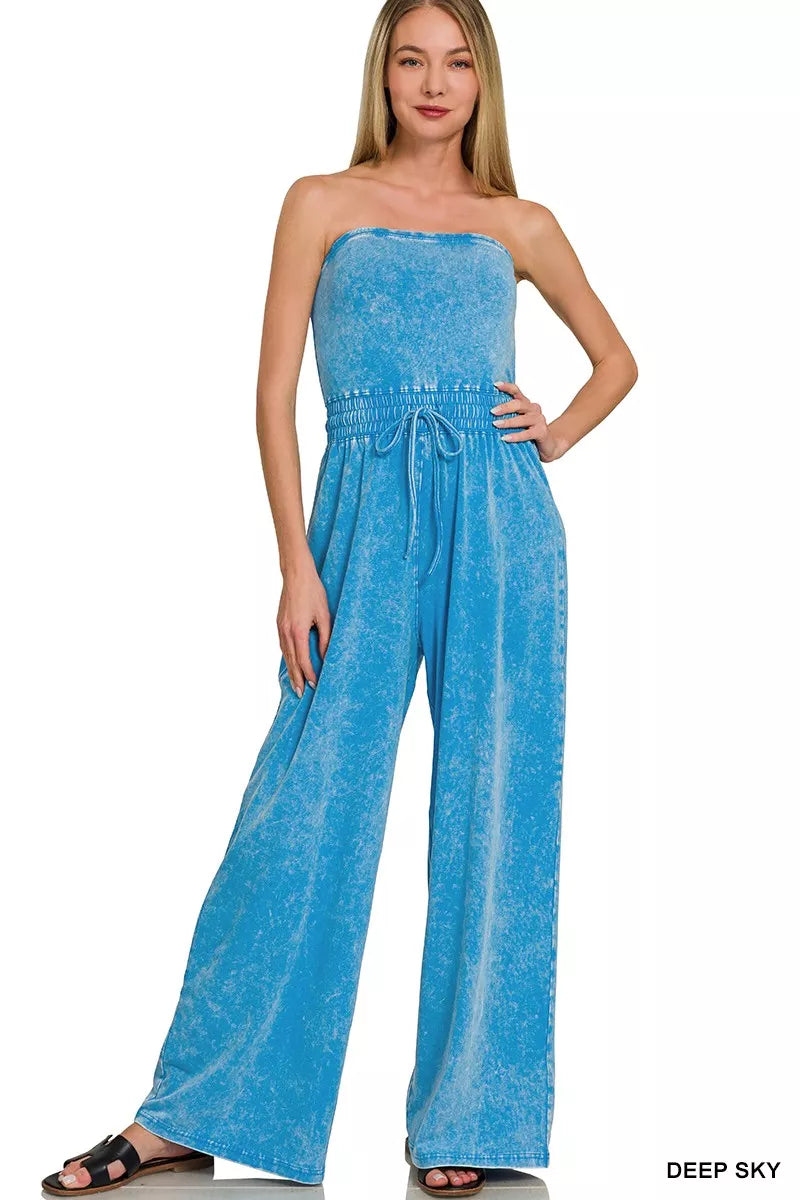 Deep Sky Zenana Acid Washed Strapless Tube Top Jumpsuit 1
