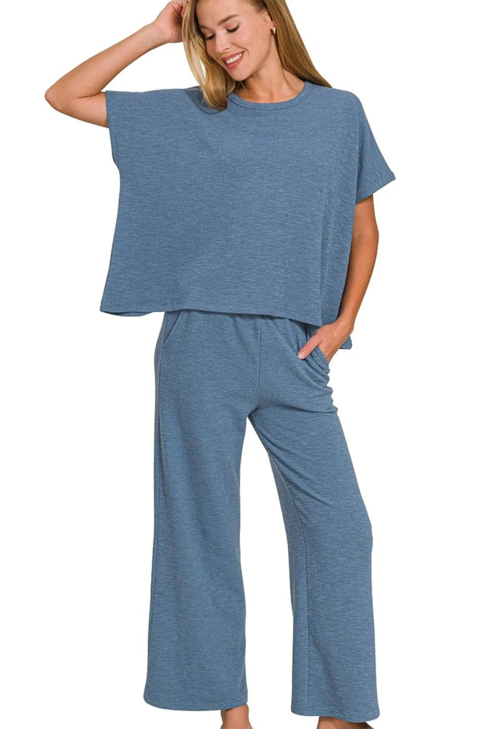 Dusty Blue Zenana Cotton Slub Top Pants Set 2