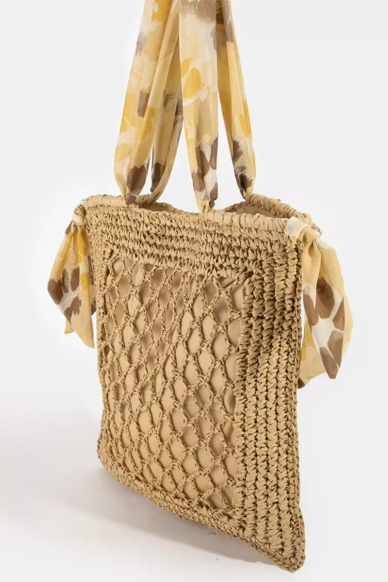 Fame Tropical Bandana Strap Straw Braided Tote Bag