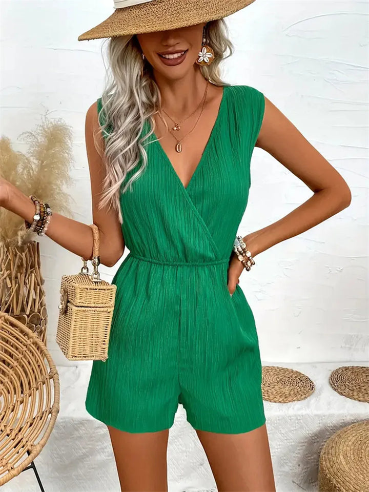 Dark Green Textured Surplice Sleeveless Romper