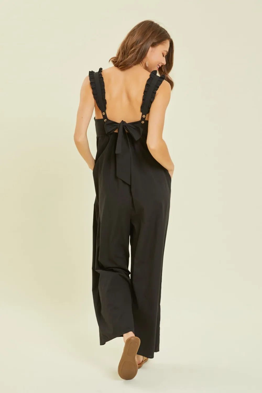 Black Heyson Full Size Ruffled Strap Back Tie Wide Leg Jumpsuit