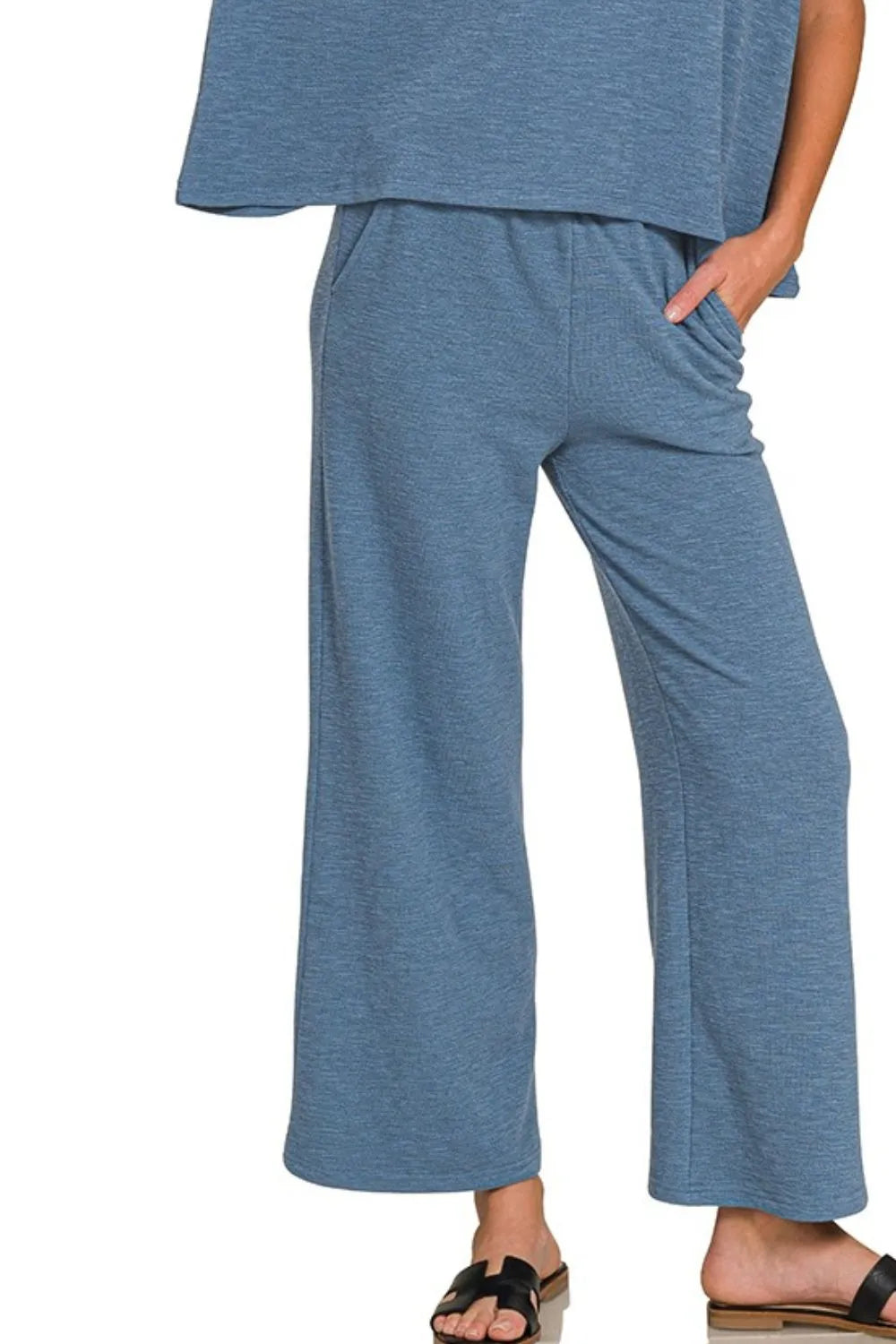 Dusty Blue Zenana Cotton Slub Top Pants Set 2