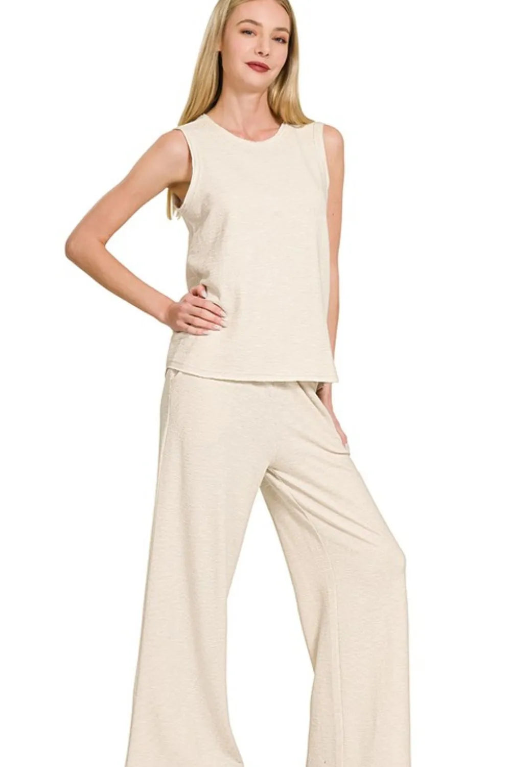 Sand Beige Zenana Cotton Slub Tank Pants Set 3