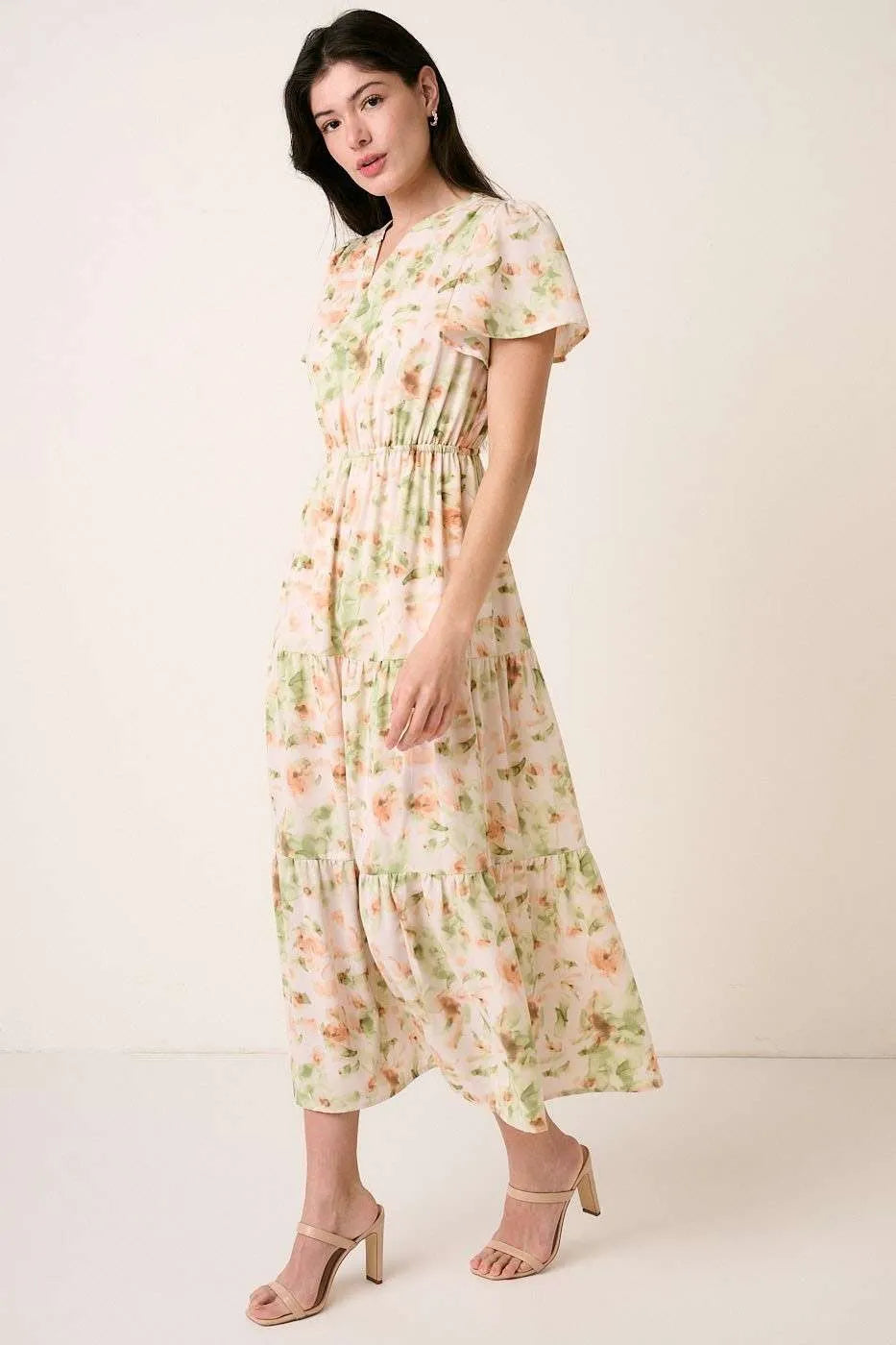 Mittoshop Flower Print Flutter Sleeve V Slit Maxi Dress 1