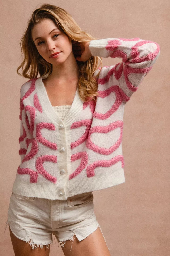 Bibi Textured Heart Buttoned V Neck Cardigan