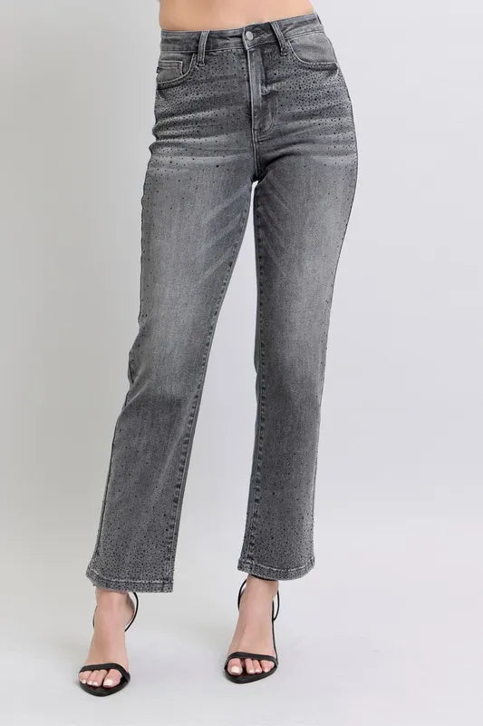 Gry Judy Blue Full Size High Waist Rhinestone Straight Jeans Plus Size