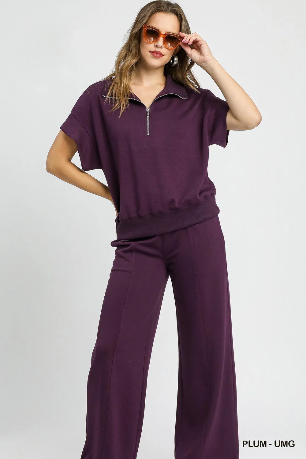 Plum Umgee Full Size Half Zip Short Sleeve Top Plus Size 2