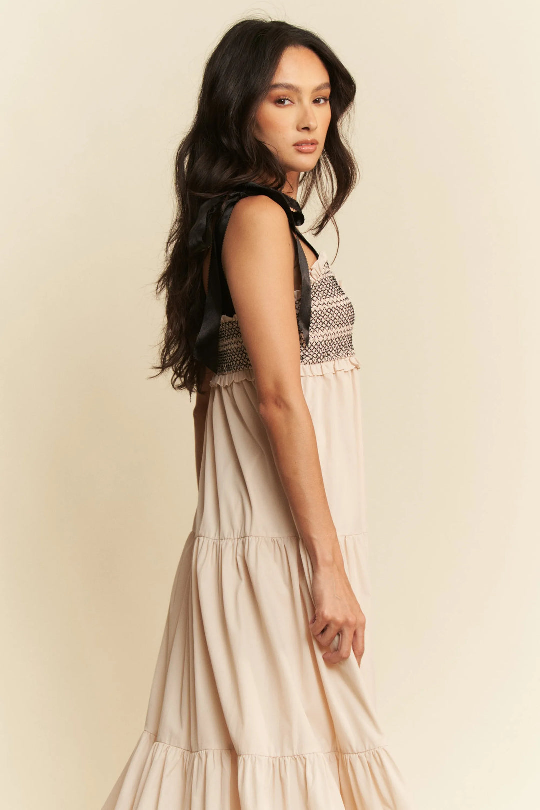 Davi Dani Multi Contrast Smocked Bodice Straps Maxi Dress