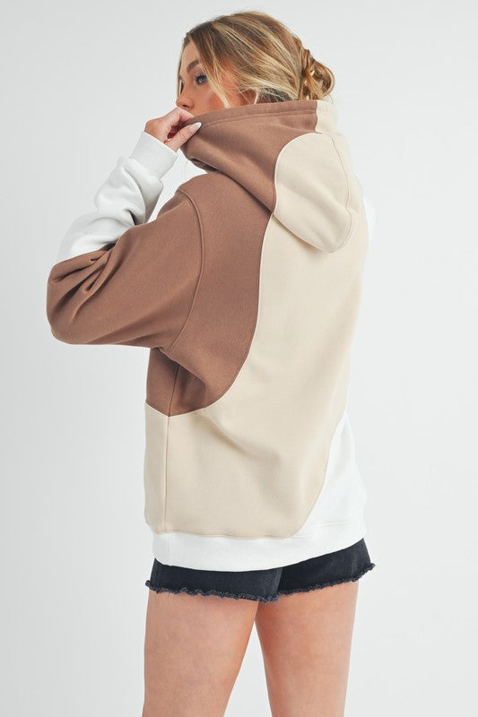 Sand Aemi Co Color Block Hoodie With Kangaroo Pocket