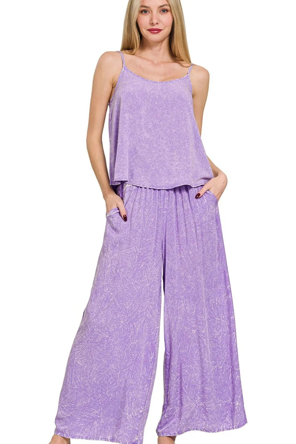 Lavender Zenana Woven Acid Crinkle Washed Cami Pants 2 Piece Set 1