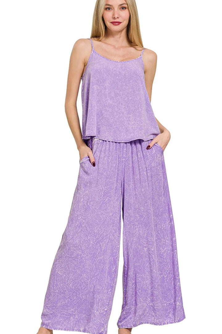 Lavender Zenana Woven Acid Crinkle Washed Cami Pants 2 Piece Set 1