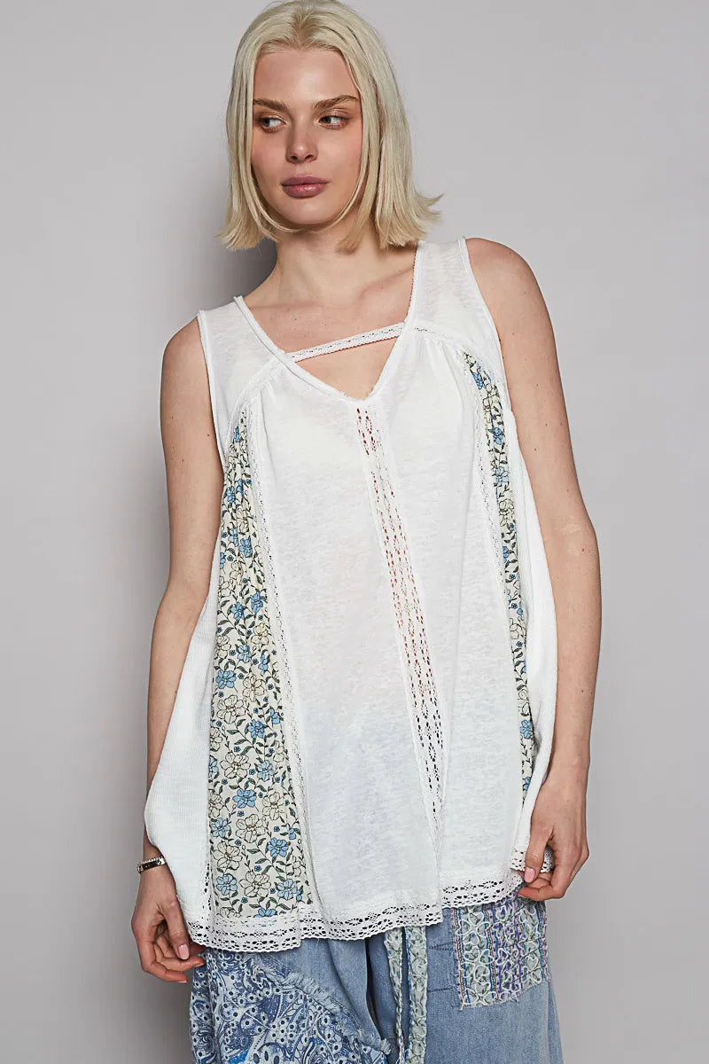 Pol V Neck Sleeveless Tank Top With Lace Detail