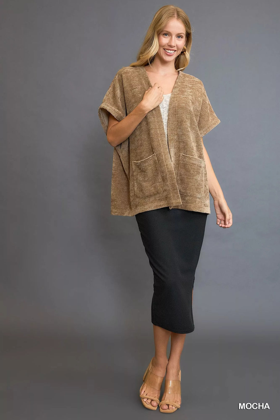 Mocha Umgee Open Front Knit Cardigan With Front Pockets 1